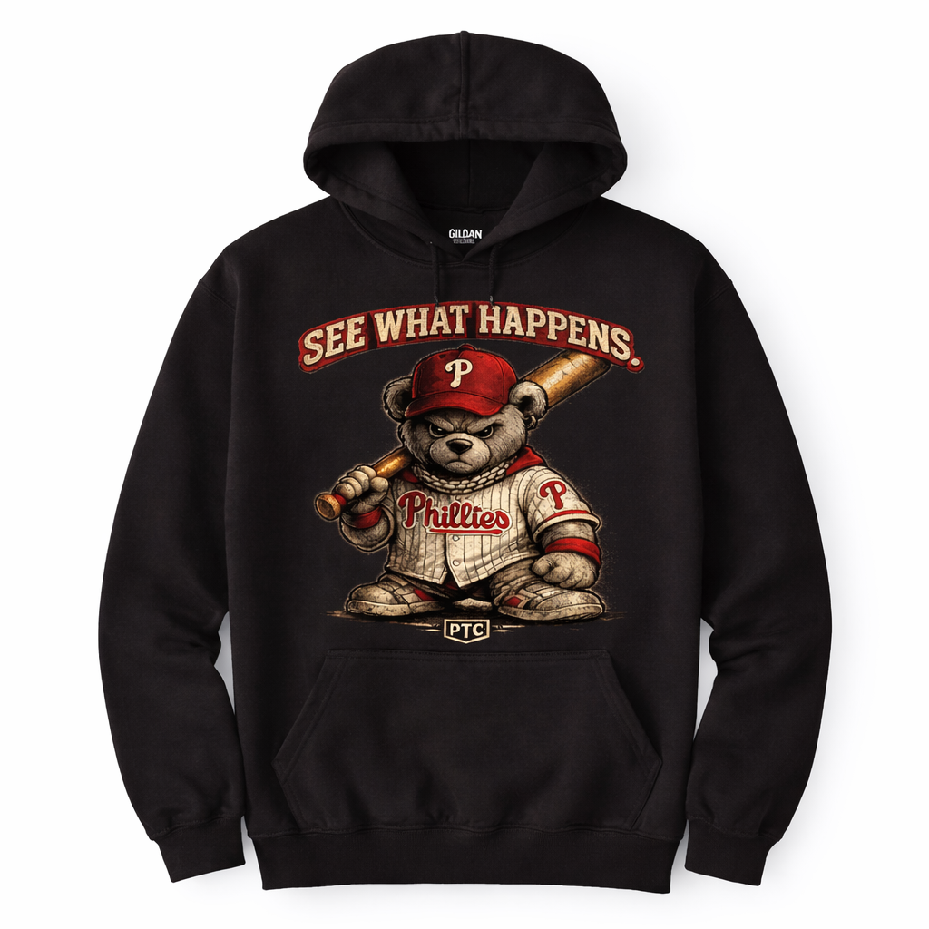 See What Happens Philly Teddy Bear Hoodie – Tough Phillies Streetwear Pullover – Black PTC Edition