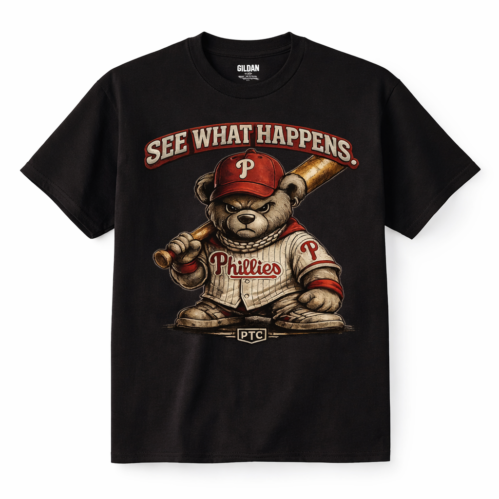 See What Happens Philly Teddy Bear T-Shirt – Tough Phillies Streetwear Graphic Tee – Black PTC Edition