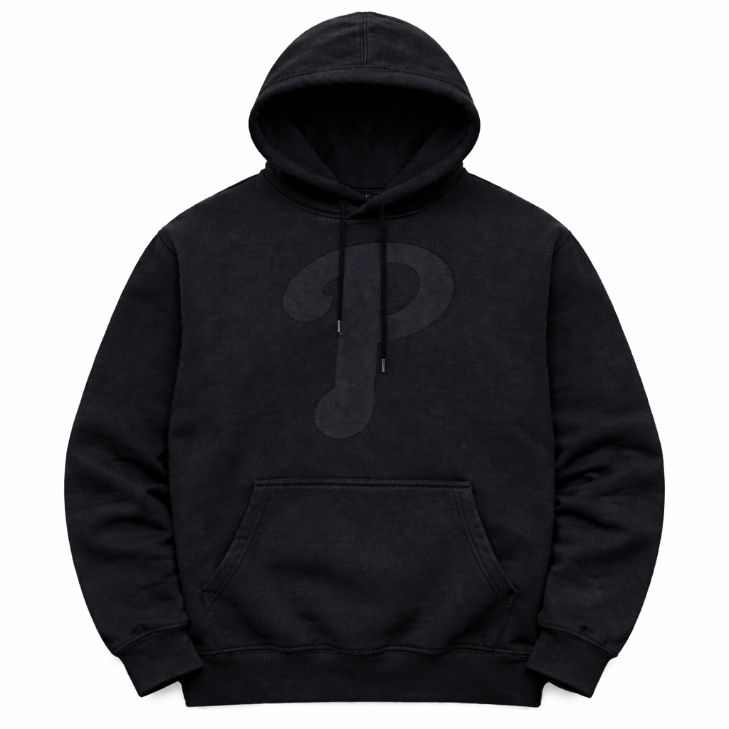 Philadelphia Phillies Blackout Hoodie – Tonal P Premium Black Pullover | Philly Streetwear