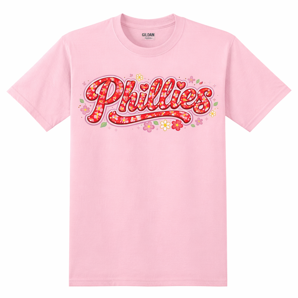 Philadelphia Phillies Cute Floral Script Tee – Pink Girly Baseball Shirt, Women’s Phillies Shirt, Philly Game Day Outfit