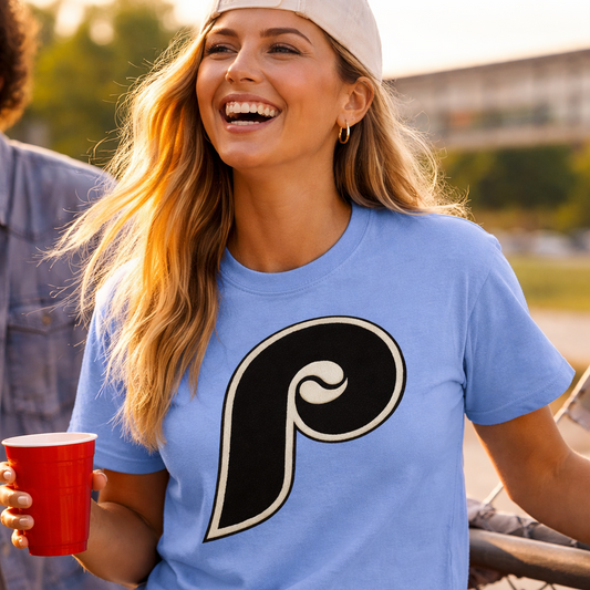 Philadelphia Phillies Black “P” T-Shirt – Powder Blue / Carolina Blue Vintage Style Tee | Retro Phillies Shirt | Philly Streetwear