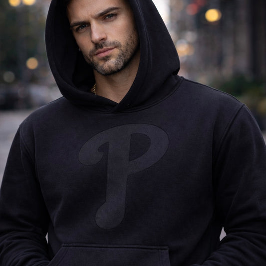 Philadelphia Phillies Blackout Hoodie – Tonal P Premium Black Pullover | Philly Streetwear