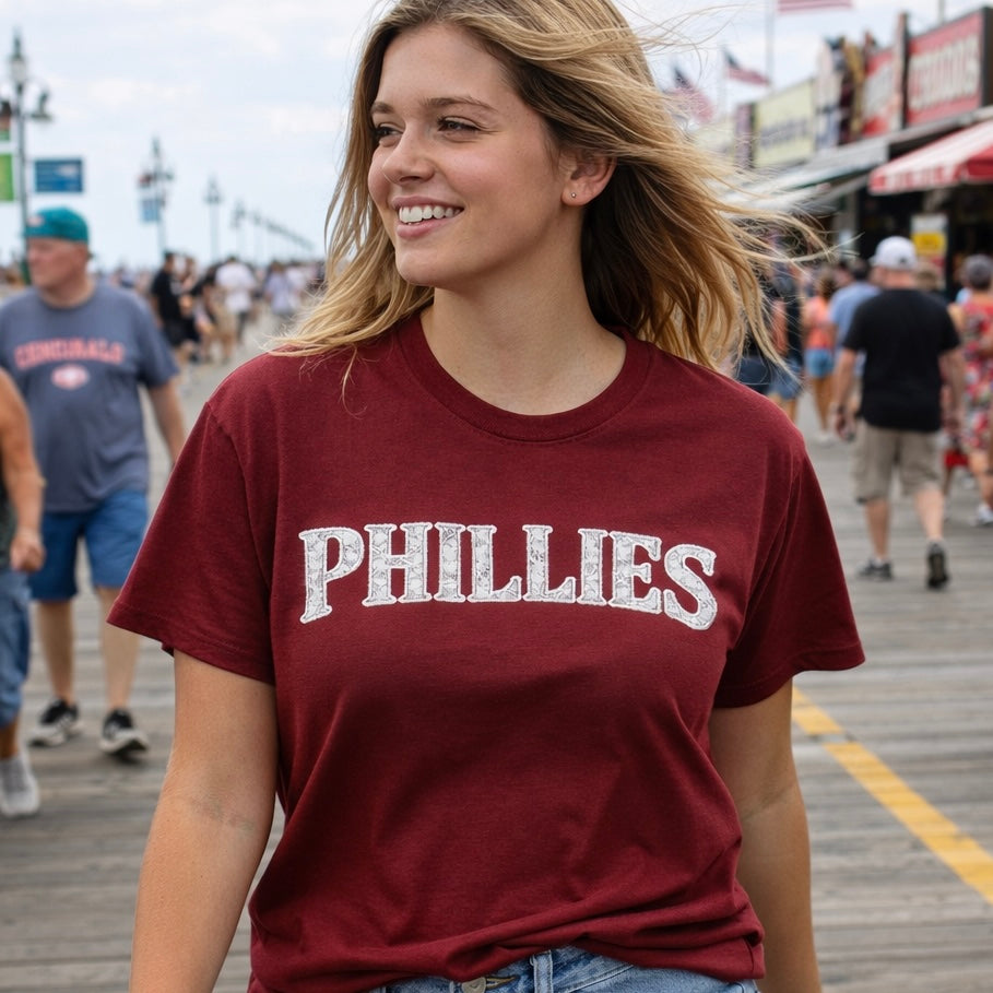 Philadelphia Lace T-Shirt – Vintage Phillies Script Garnet Tee