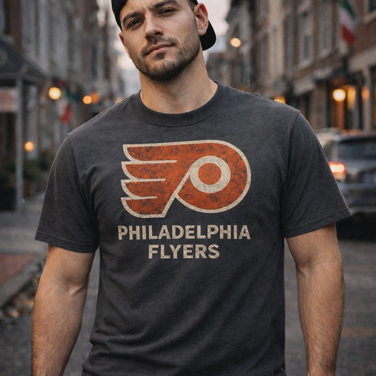 Vintage Flyers Graphic T-Shirt – Retro Philadelphia Streetwear Tee, Distressed Logo Shirt