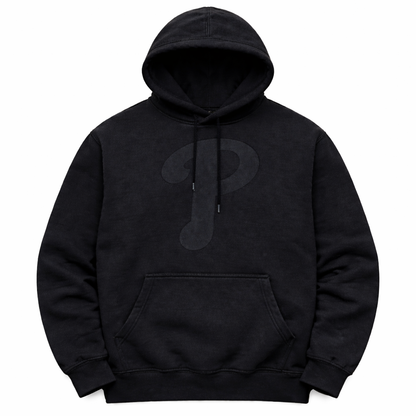 Philadelphia Phillies Blackout Hoodie – Tonal P Premium Black Pullover | Philly Streetwear