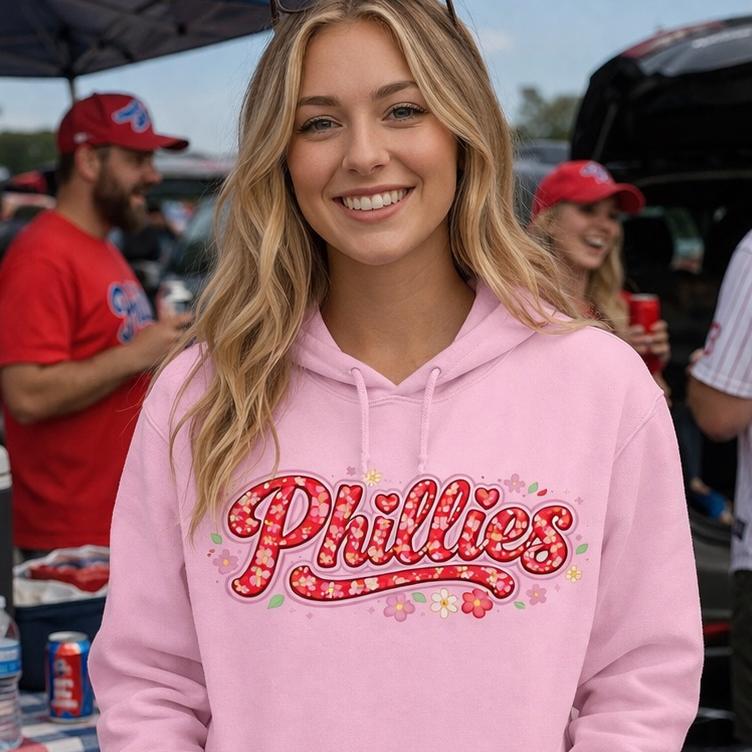 Philadelphia Phillies Floral Script Hoodie – Pink Cute Phillies Hoodie, Girly Baseball Hoodie, Women’s Phillies Sweatshirt, Philly Game Day Outfit