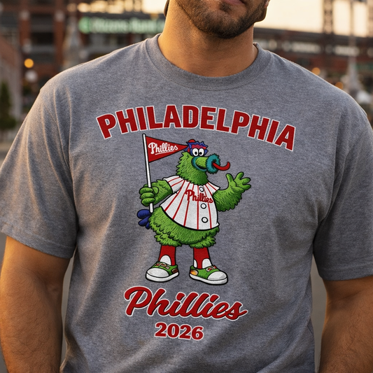 Philadelphia Phillies Phanatic T-Shirt – Vintage Philly Mascot Tee 2026, Heather Grey Baseball Shirt