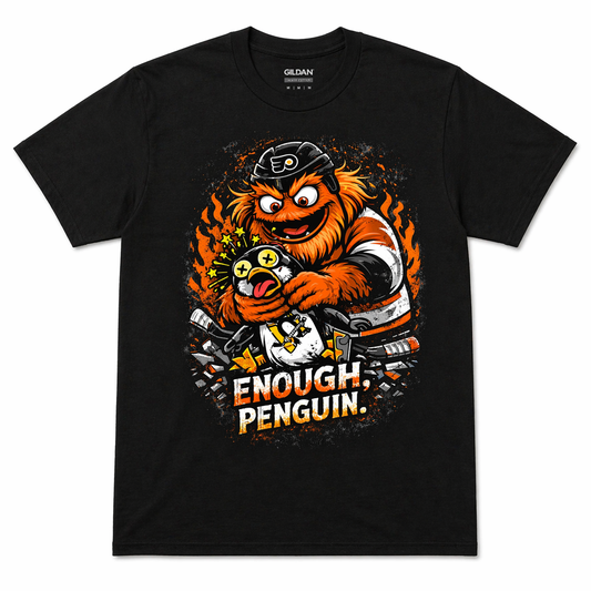 Philadelphia Flyers vs Penguins Gritty “Enough, Penguin.” T-Shirt – Funny Rivalry Hockey Graphic Tee