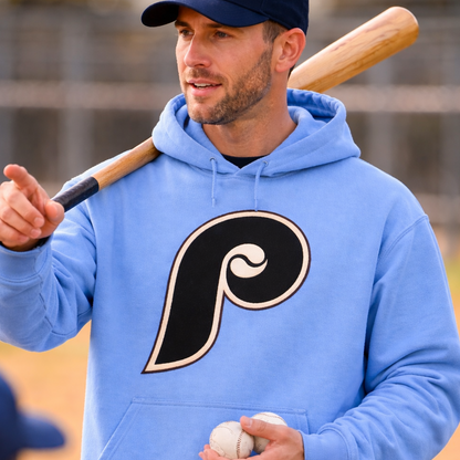 Philadelphia Phillies Black “P” Hoodie – Powder Blue / Carolina Blue Vintage Style Hoodie | Retro Phillies Sweatshirt | Philly Streetwear
