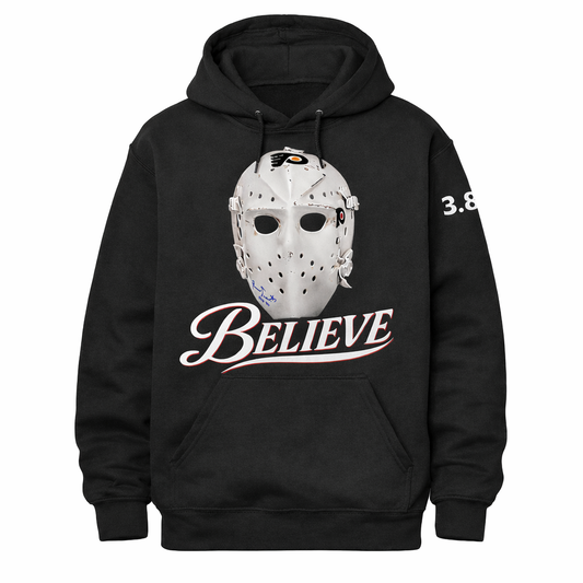 Black hoodie with a hockey mask graphic and 'BELIEVE' text on a white background