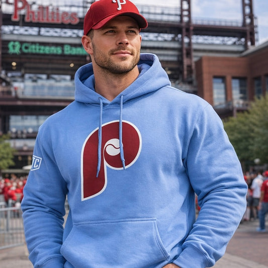 Philadelphia Phillies Vintage P Hoodie – 1970s Retro Logo Baseball Sweatshirt – Classic Powder Blue Philly Baseball Pullover for Fans