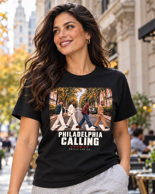 Philadelphia Calling Eagles London Game T-Shirt (DeJean. Smitty. Barkley. Hurts)  – Black
