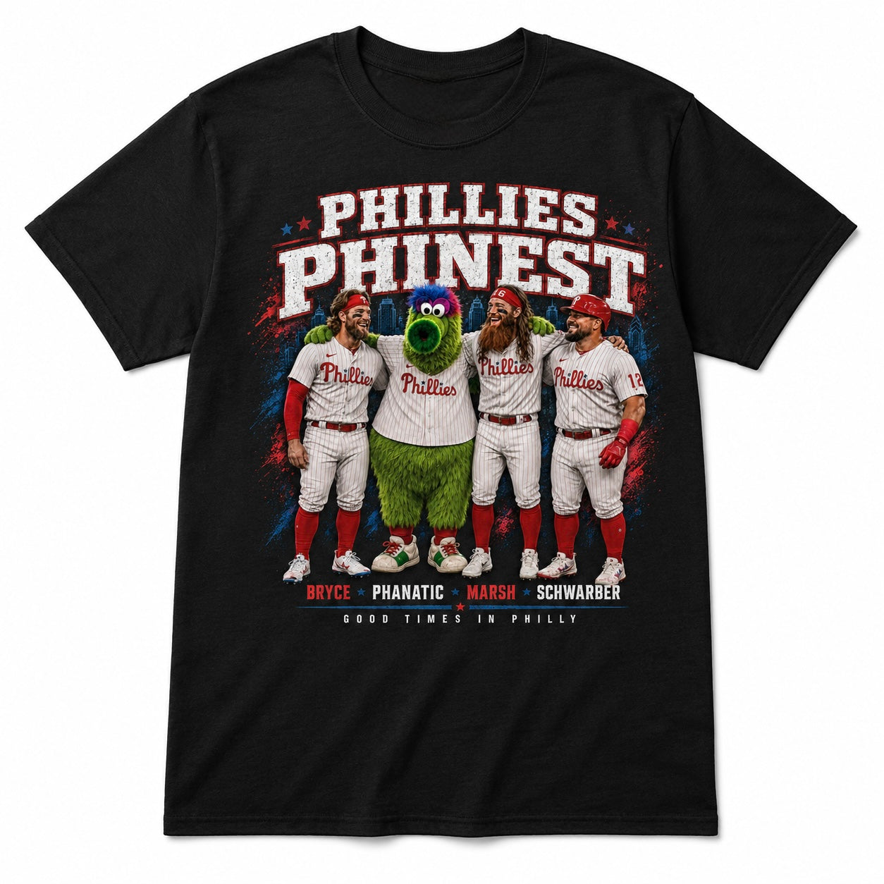 Black Phillies Phinest T-shirt featuring Bryce Harper, the Phillie Phanatic, Brandon Marsh and Kyle Schwarber standing together in Philadelphia baseball uniforms.