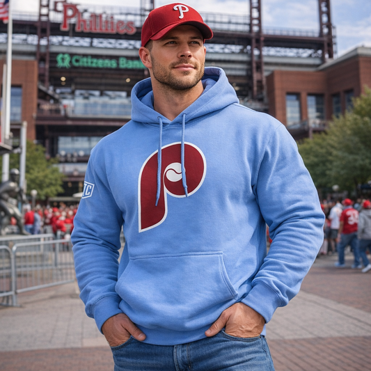 Philadelphia Phillies Vintage P Hoodie – 1970s Retro Logo Baseball Sweatshirt – Classic Powder Blue Philly Baseball Pullover for Fans