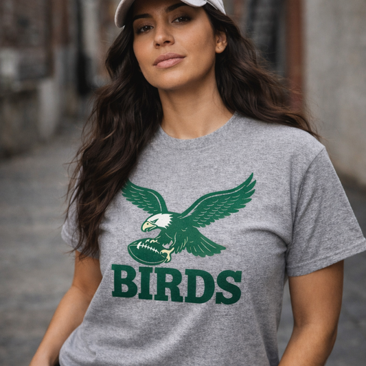 BIRDS Vintage T-Shirt – Philly Football Fan Tee (Kelly Green Graphic on Sports Grey)