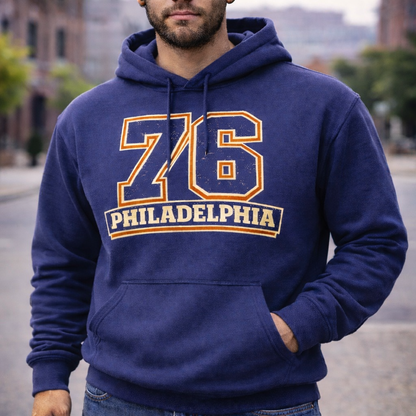 76 Philadelphia Varsity Hoodie – Navy Sixers Basketball Sweatshirt