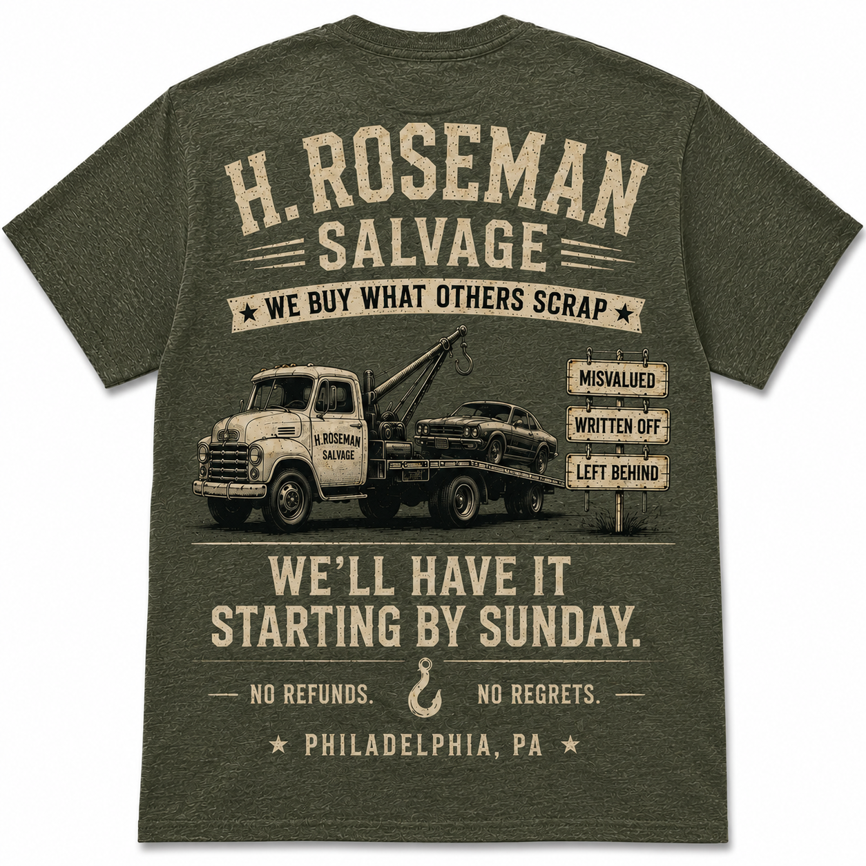 H. Roseman Salvage Vintage Football T-Shirt | Heather Military Green | Philly Tee Co.
