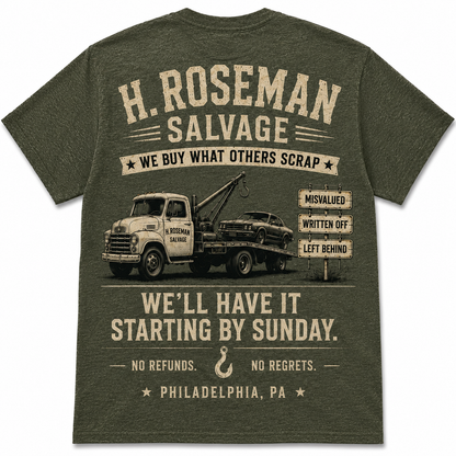 H. Roseman Salvage Vintage Football T-Shirt | Heather Military Green | Philly Tee Co.