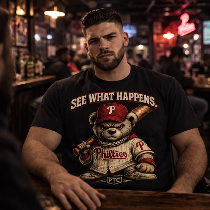 See What Happens Philly Teddy Bear T-Shirt – Tough Phillies Streetwear Graphic Tee – Black PTC Edition