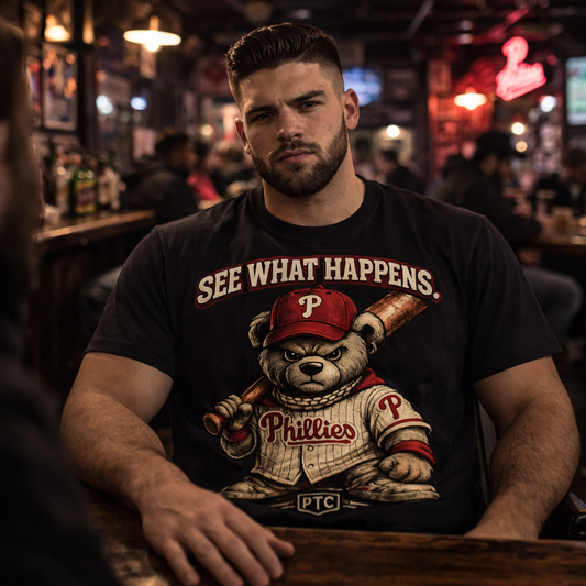 See What Happens Philly Teddy Bear T-Shirt – Tough Phillies Streetwear Graphic Tee – Black PTC Edition