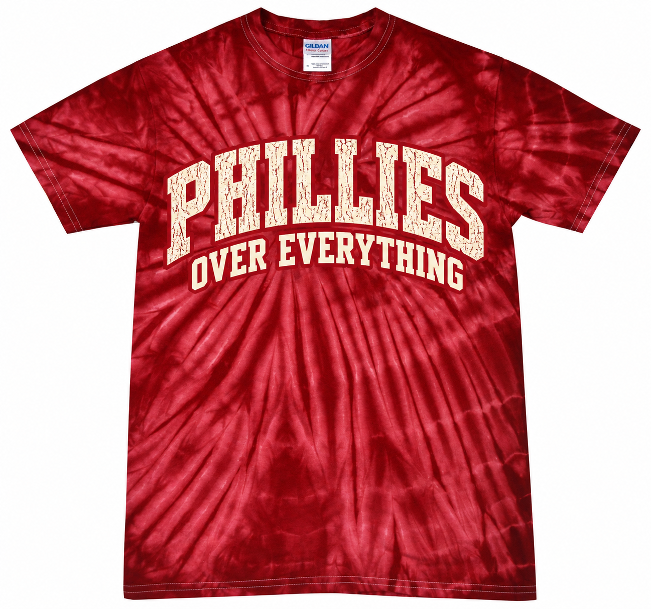 A red spiral tie-dye t-shirt with 'PHILLIES OVER EVERYTHING' printed in distressed cream lettering on the front, displayed flat against a white background.