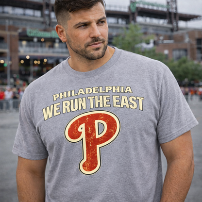 Philadelphia Phillies We Run The East T-Shirt – Vintage Phillies Philly Baseball Tee | Sports Grey