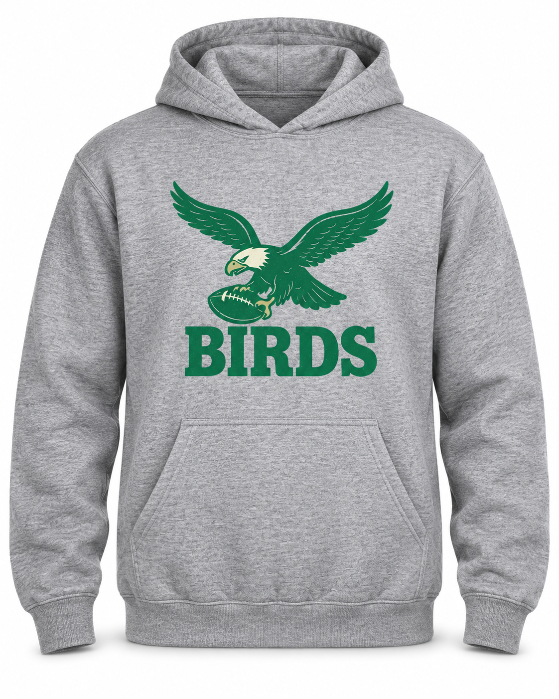 BIRDS Vintage Eagles Hoodie – Philly Football Fan Sweatshirt (Kelly Green Graphic on Sports Grey)