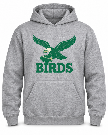 BIRDS Vintage Eagles Hoodie – Philly Football Fan Sweatshirt (Kelly Green Graphic on Sports Grey)