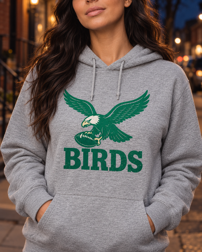 BIRDS Vintage Eagles Hoodie – Philly Football Fan Sweatshirt (Kelly Green Graphic on Sports Grey)