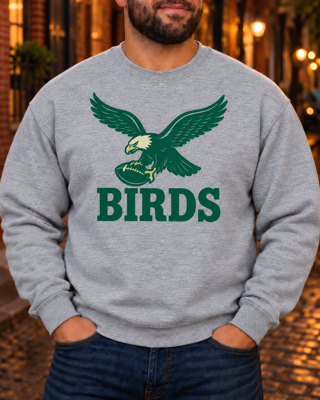 BIRDS Vintage Crewneck Sweatshirt – Philly Football Fan Sweater (Kelly Green Graphic)