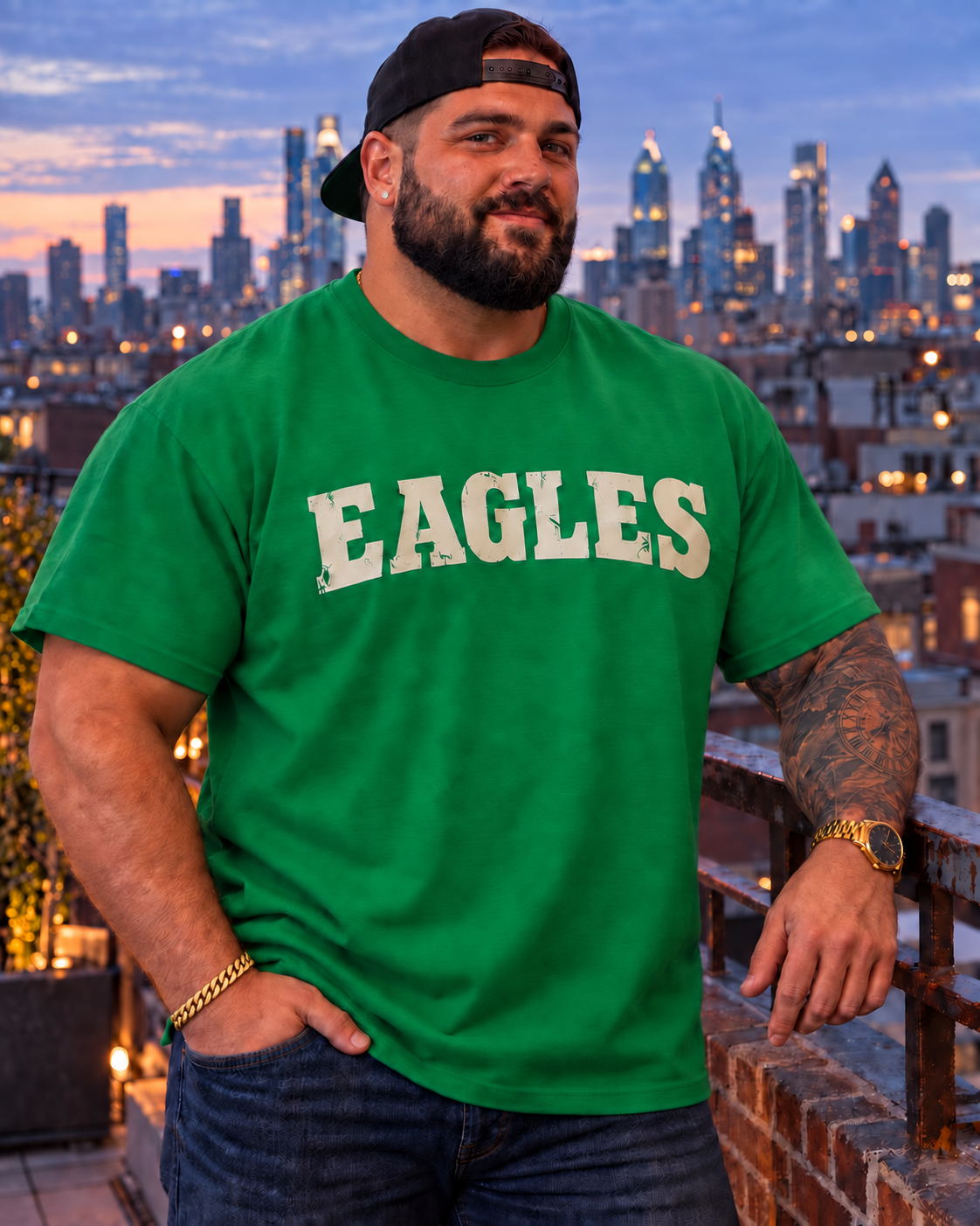 Man wearing a Kelly green Eagles T-shirt overlooking the Philadelphia skyline