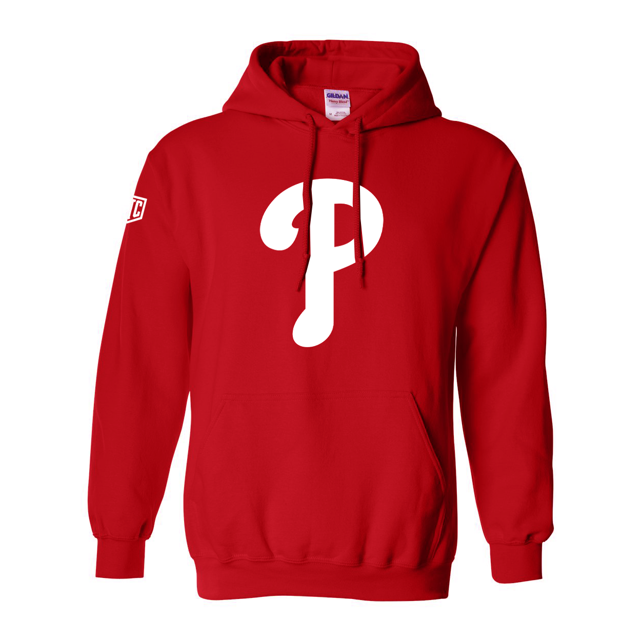 Red hoodie with a white logo on a white background