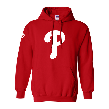 Red hoodie with a white logo on a white background