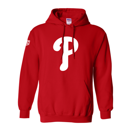 Red hoodie with a white logo on a white background