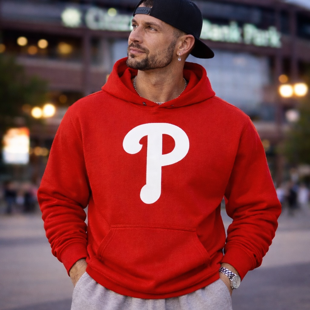 Man wearing a red hoodie with a white 'P' logo, standing outdoors.